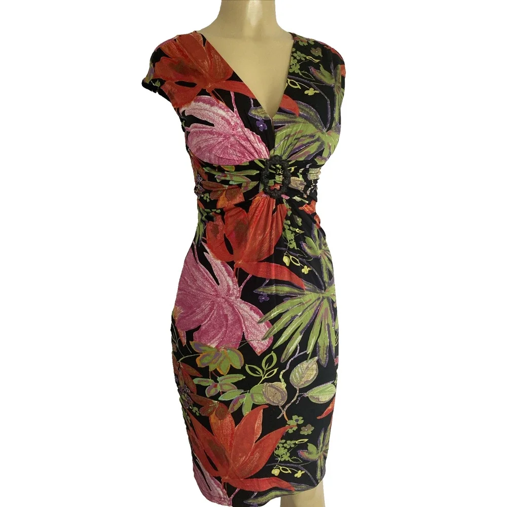 Cache Dress Sheath Cap Sleeve Floral V Neck Ruched 4 S Knee Length Stretch - Picture 2 of 8